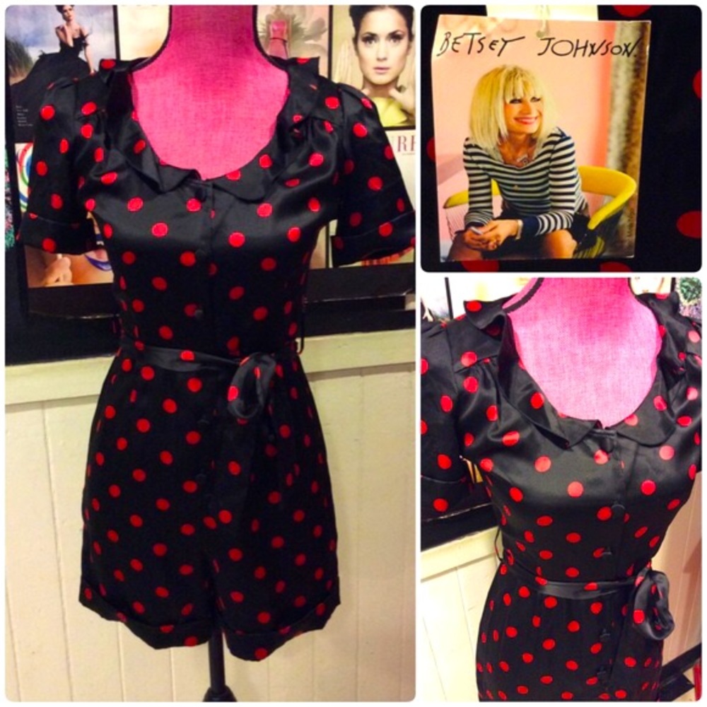 Betsey Johnson red + black polka dot silk romper